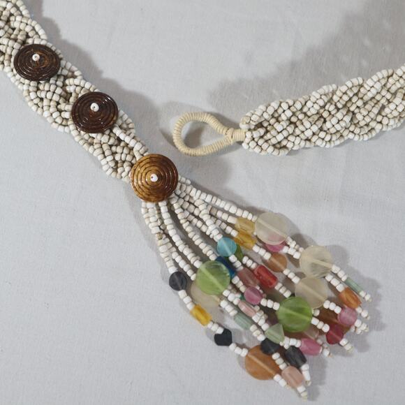 Vintage Belt Braided Strands Of Beige Brown Glass Beads Button Toggle Tassel - Picture 6 of 11